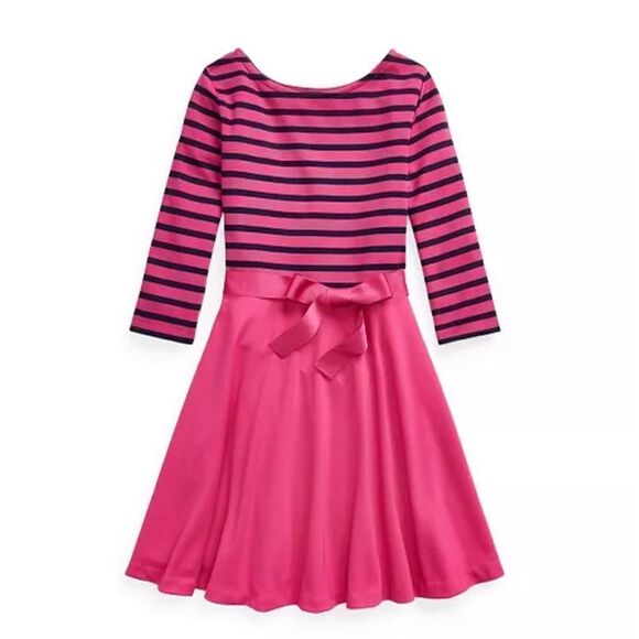 Polo Ralph Lauren Girls Long Sleeve Stripped Pink Dress Size 8/10 - Picture 1 of 4